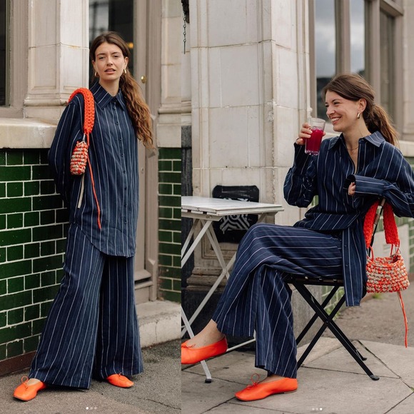 ALIGNE Pinstripe Lyocell Linen Wrap Front Shirt and Wide Leg Pants Sets Size 2 - Picture 4 of 15